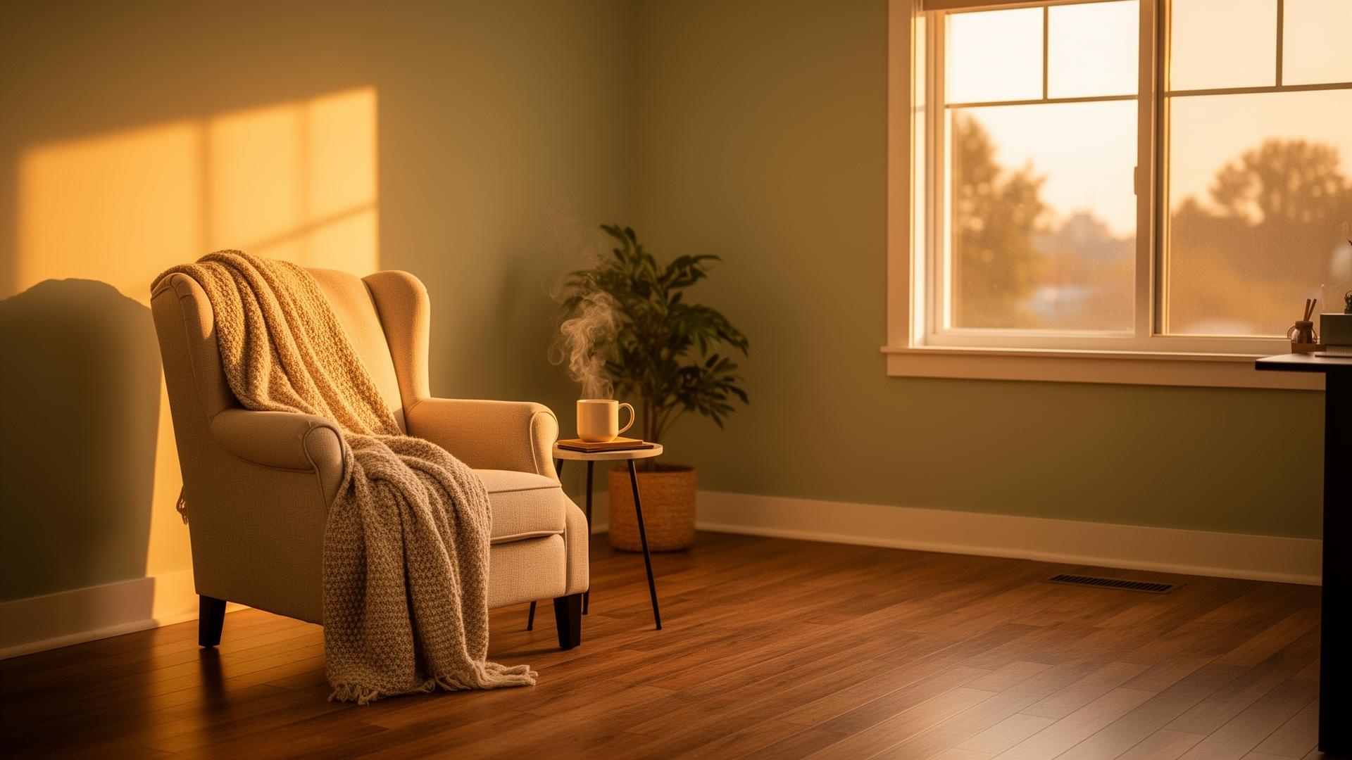 Warm therapy office with a comfortable armchair and steaming mug in golden light