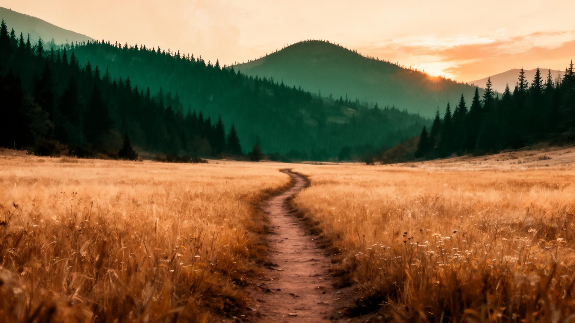 Dirt path through golden meadow toward evergreen ridges
