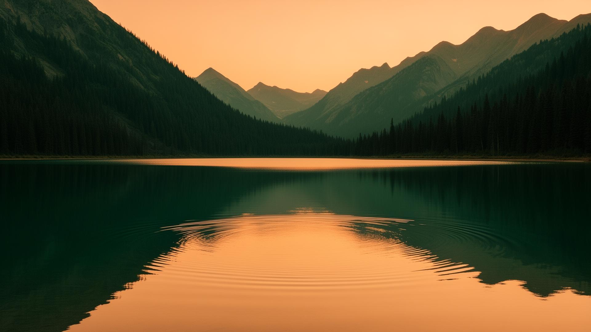 Still alpine lake reflecting evergreen mountains at dawn